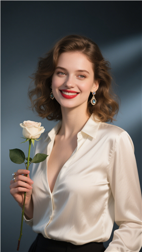 欧美米白色丝光时尚休闲衬衫美女图片